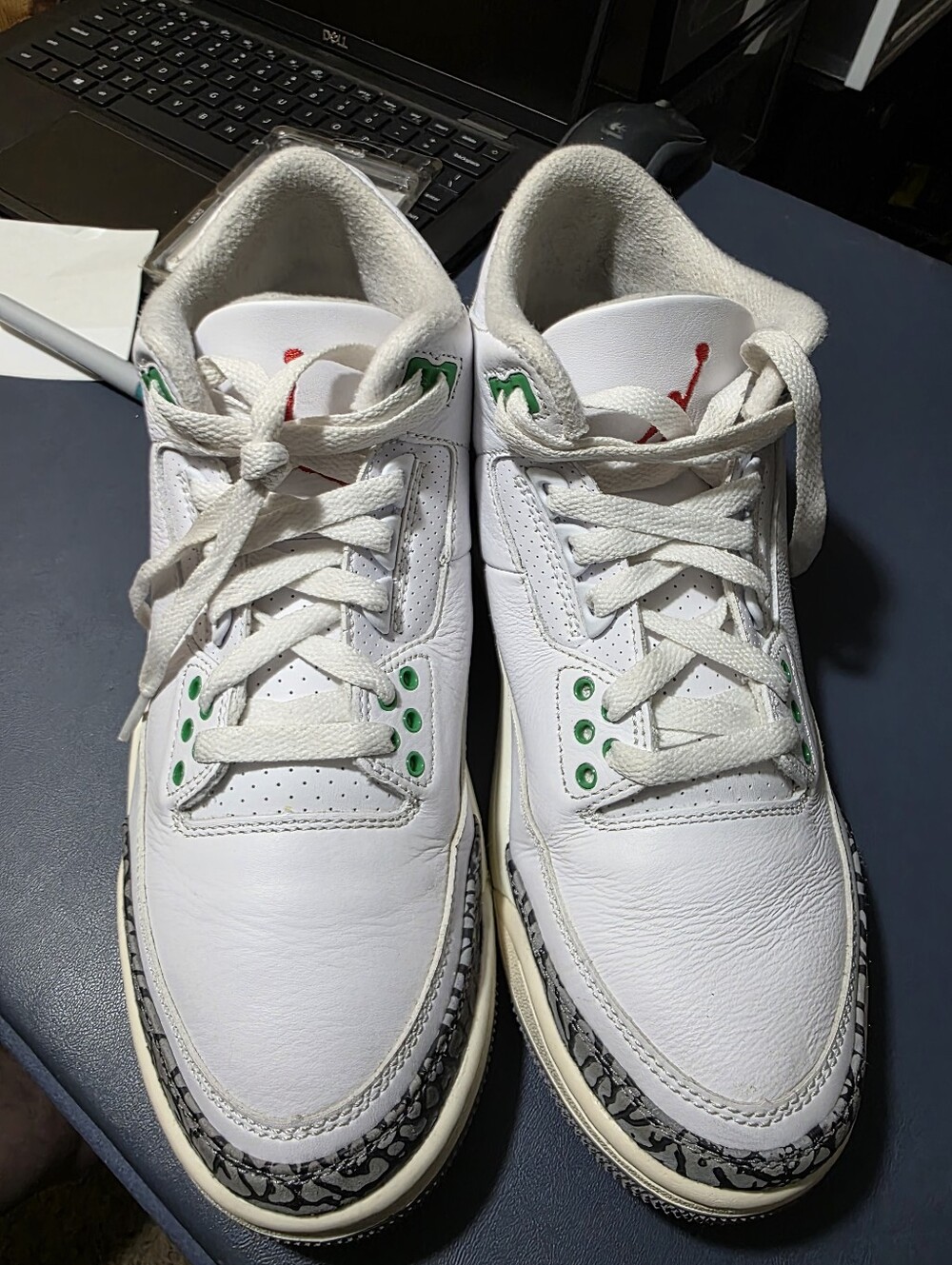 Jordan 3 "Lucky Green", Size 8m/9.5w White Leather Sneakers with Green